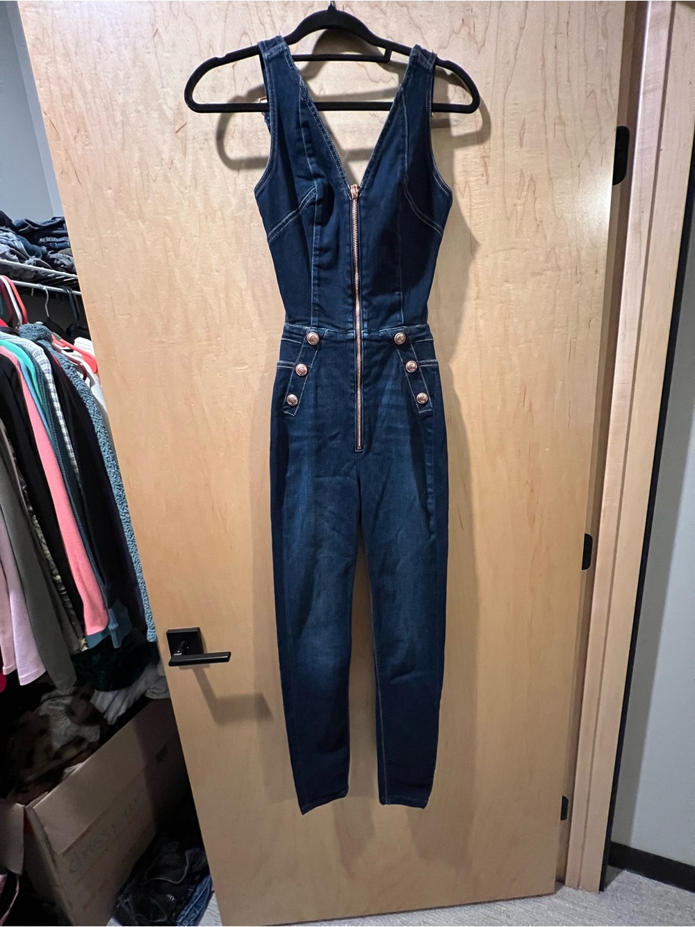 Guess Dark Blue Denim Zip-Front Jumpsuit